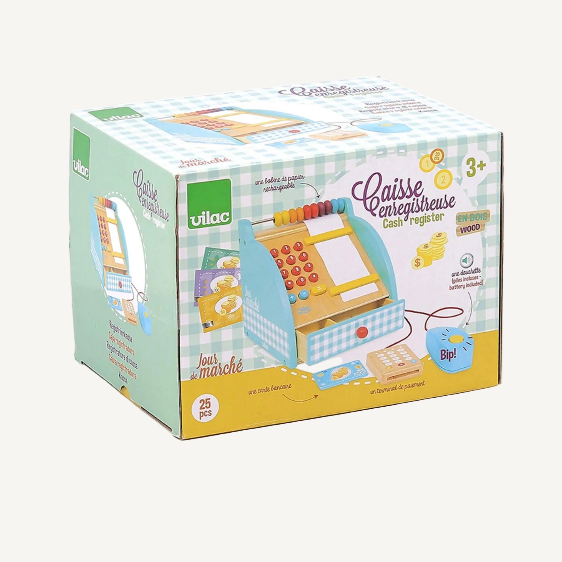 Product packaging box showing illustrated cash register toy, accessories, age guidance, and wooden construction details.