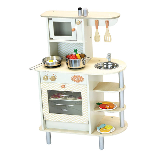 Vilac Chef Wooden Play Kitchen with utensils, pots, pans, and pretend food displayed on shelves and worktop.