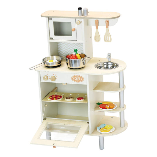 A wooden toy kitchen with oven door open, showing play food including pizza and biscuits on shelves.