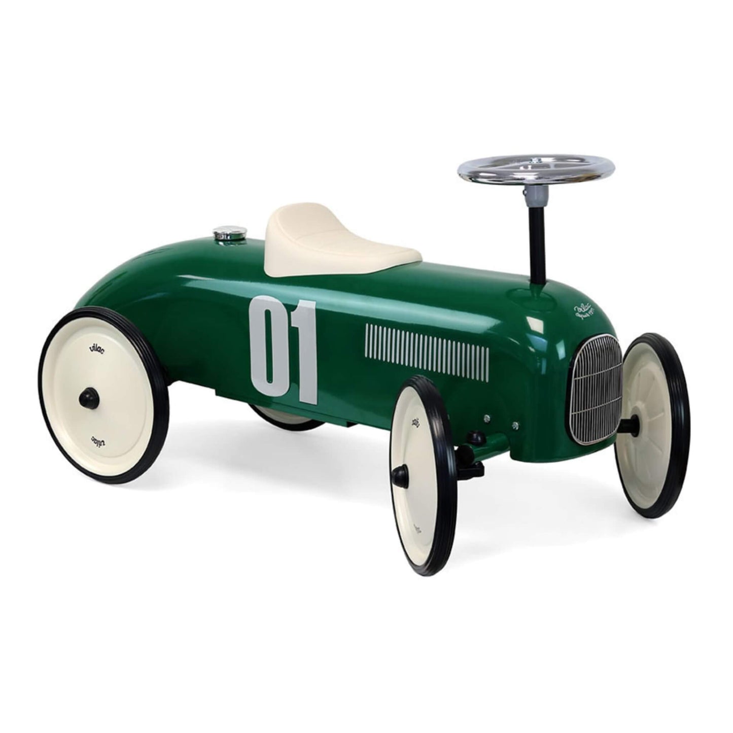 Vilac Classic Car Ride-On in British Racing Green with metal body, cream seat, steering wheel and vintage racing number detail.