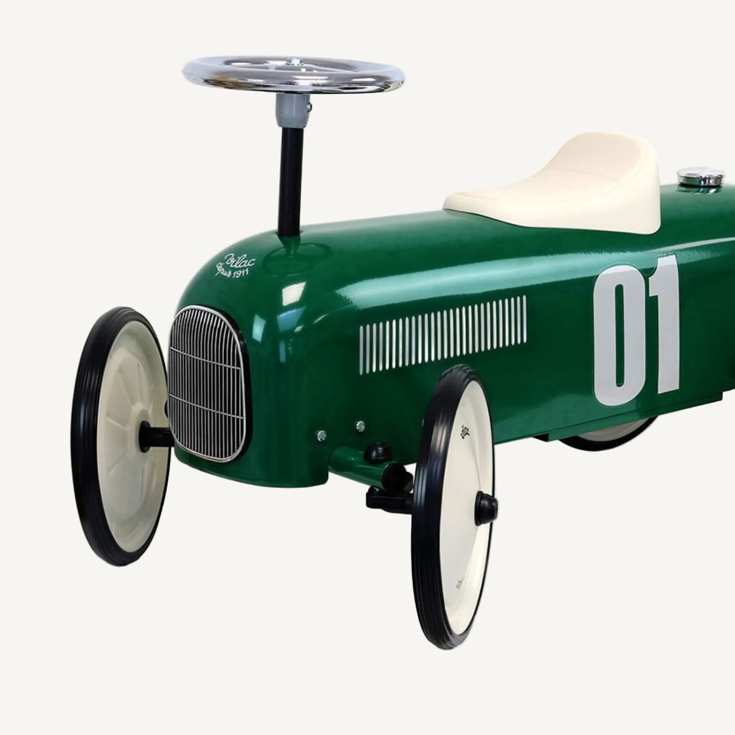 Metal ride-on car with classic racing design, showing large number detail and smooth curved body shape.