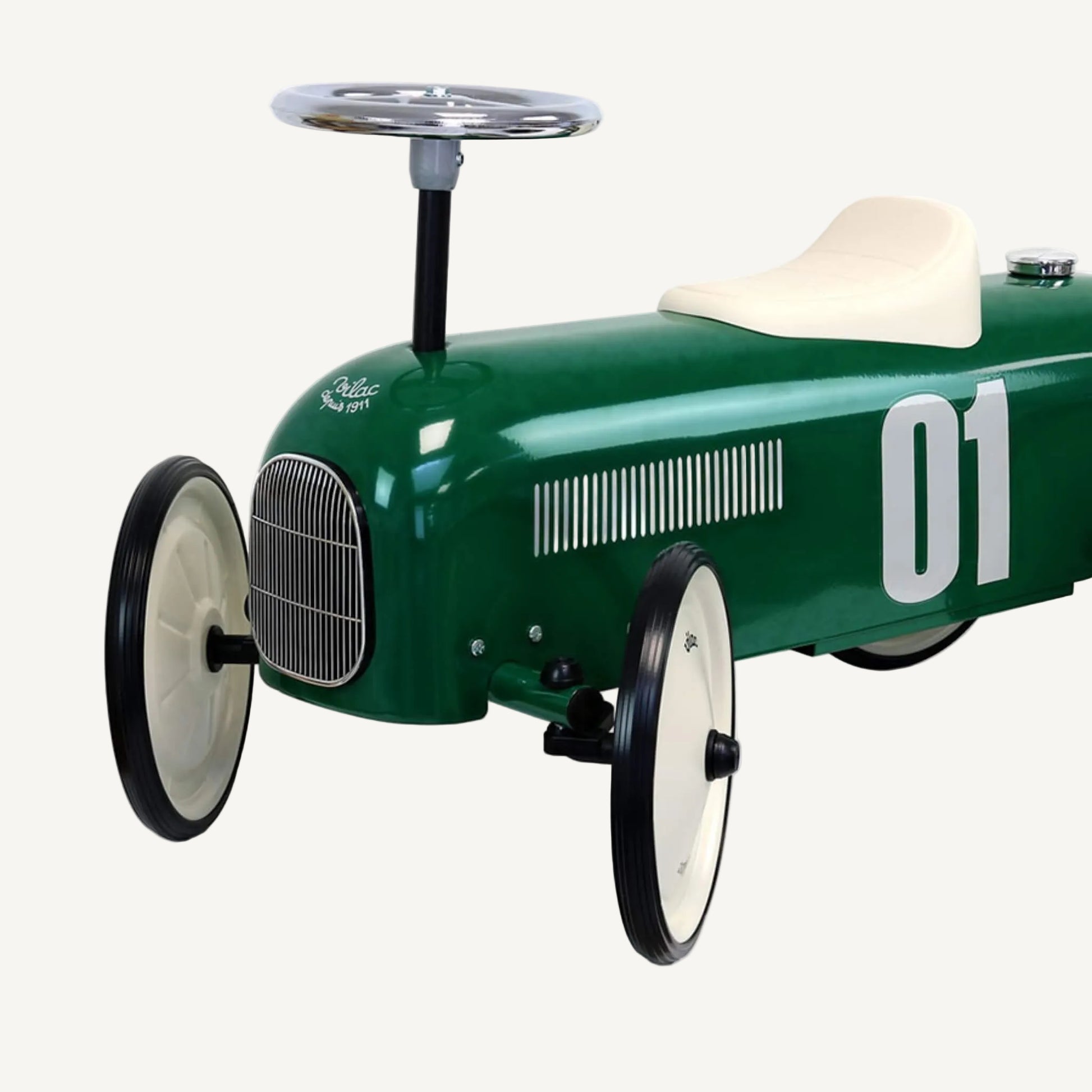 Metal ride-on car with classic racing design, showing large number detail and smooth curved body shape.