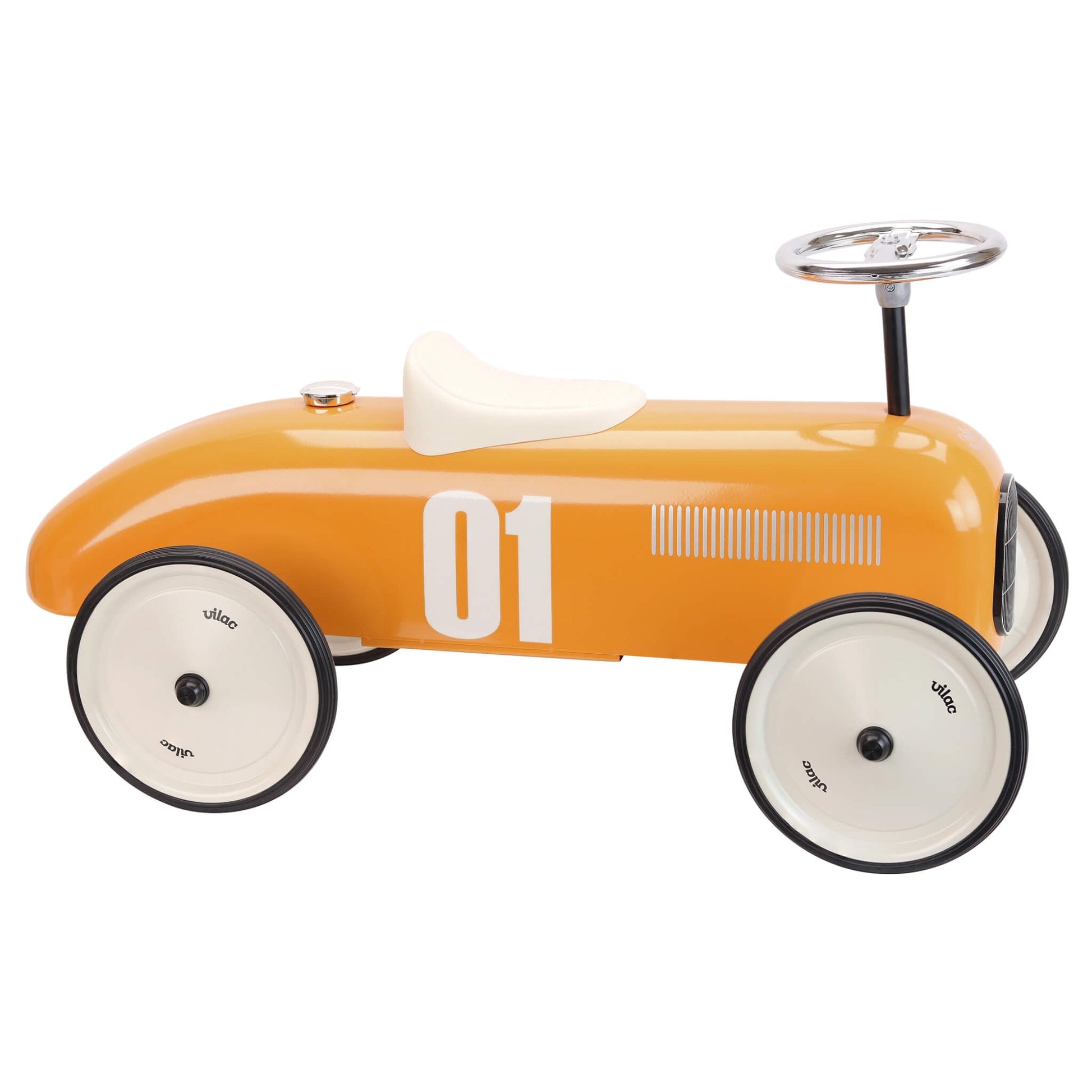 Vilac Classic Car Ride-On in orange, a vintage style metal ride-on toy with cream seat, chrome steering wheel, white number 01 and four cream wheels with black tyres.