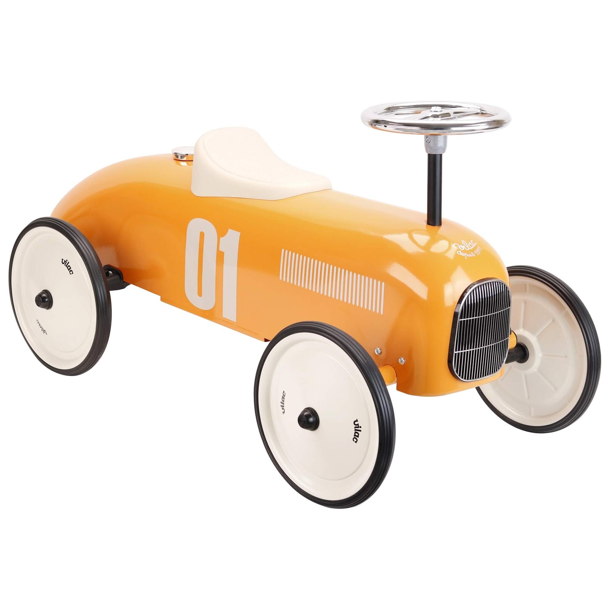A close angled view of an orange metal ride-on toy car showing the front grille, steering column, cream seat and large wheels with black tyres.