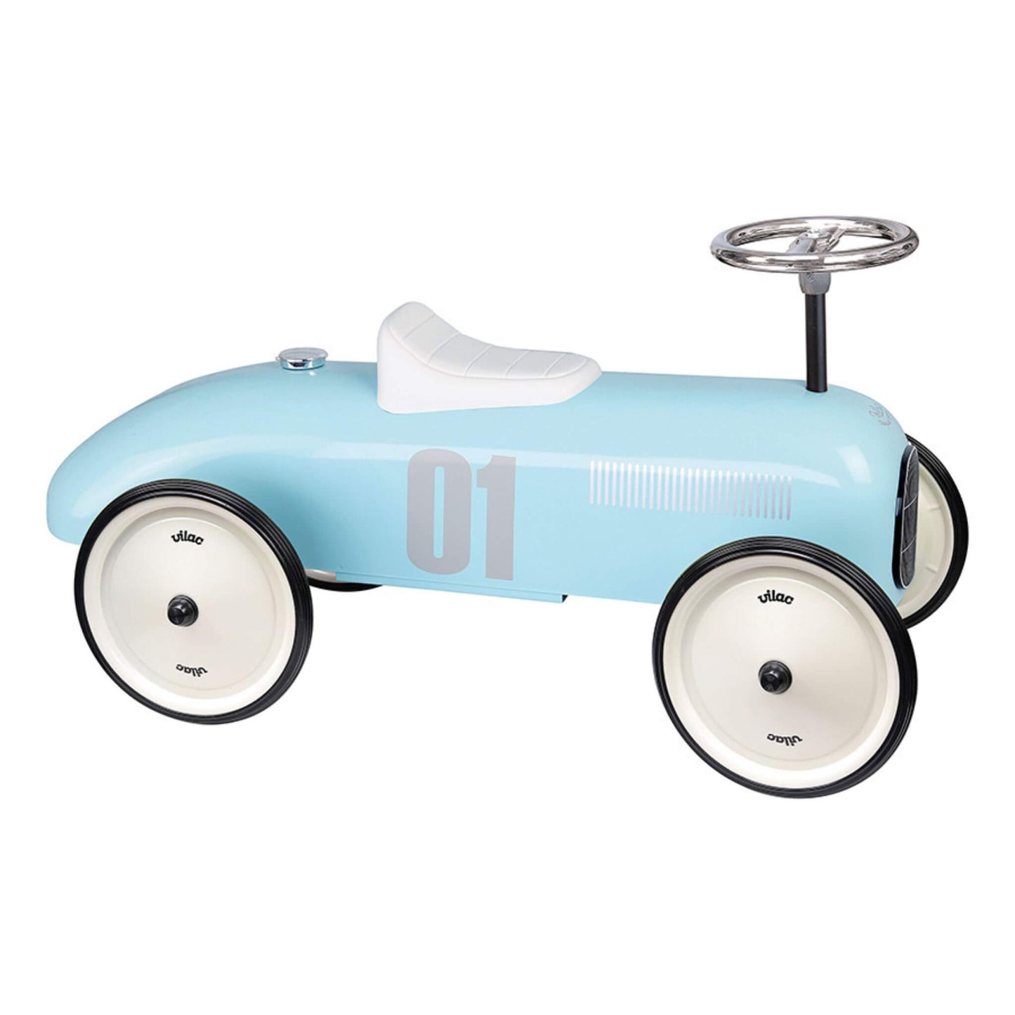 Vilac light blue Metal Ride-On Car styled like a vintage racing car with number 01 decal, four cream wheels, a white seat and chrome steering wheel.