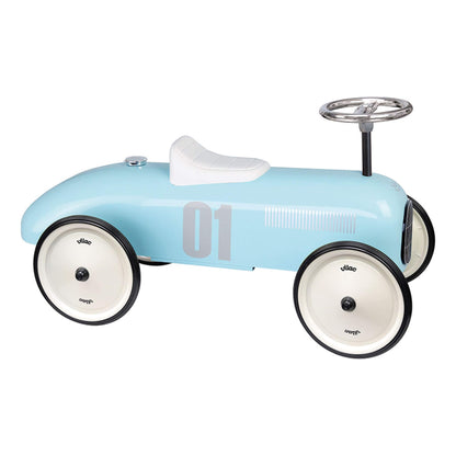 Vilac light blue Metal Ride-On Car styled like a vintage racing car with number 01 decal, four cream wheels, a white seat and chrome steering wheel.