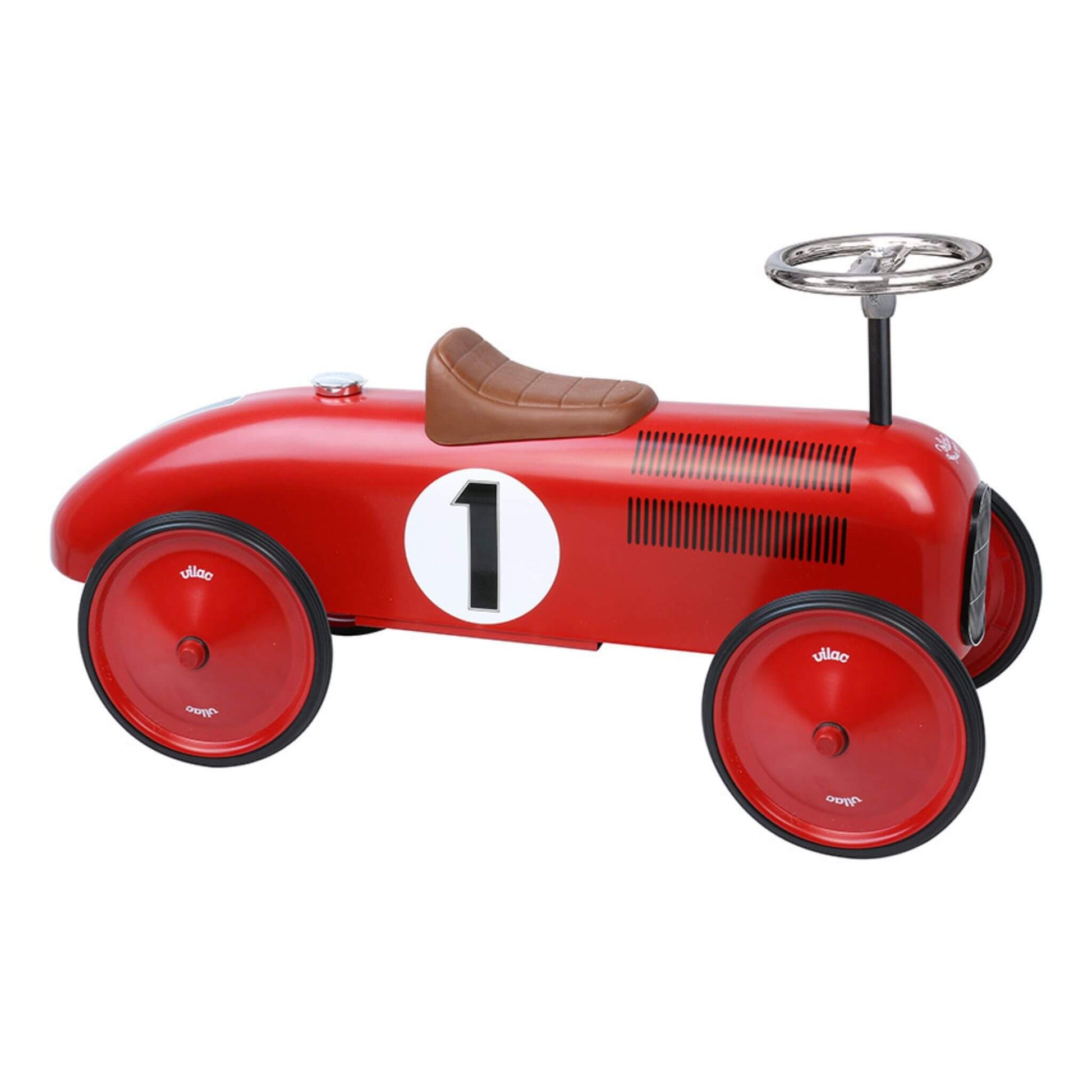 Vilac Classic Metal Car Red ride-on toy with retro race car design, featuring a shiny red body, brown seat, chrome steering wheel and number 1 detail.
