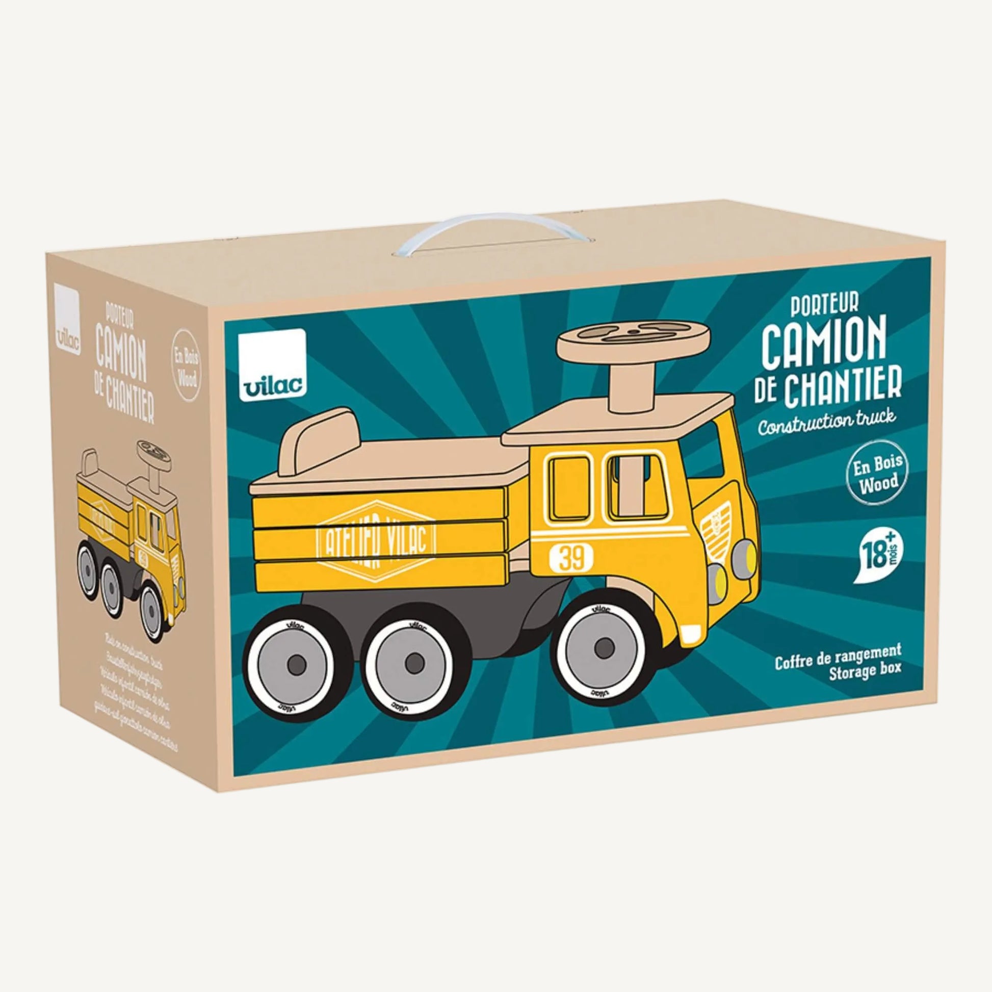 A cardboard product box featuring illustrated yellow construction ride on truck with branding, age suitability icon and storage box detail displayed on packaging.
