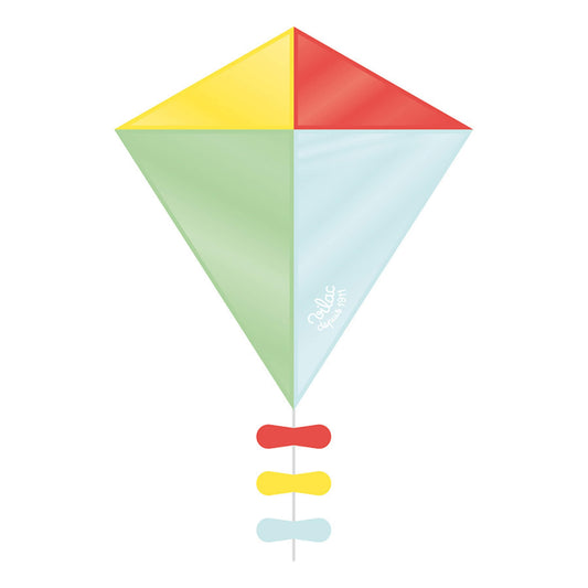 Vilac Kite shown in a classic diamond shape with red, yellow, green, and blue panels and a matching three-piece tail.
