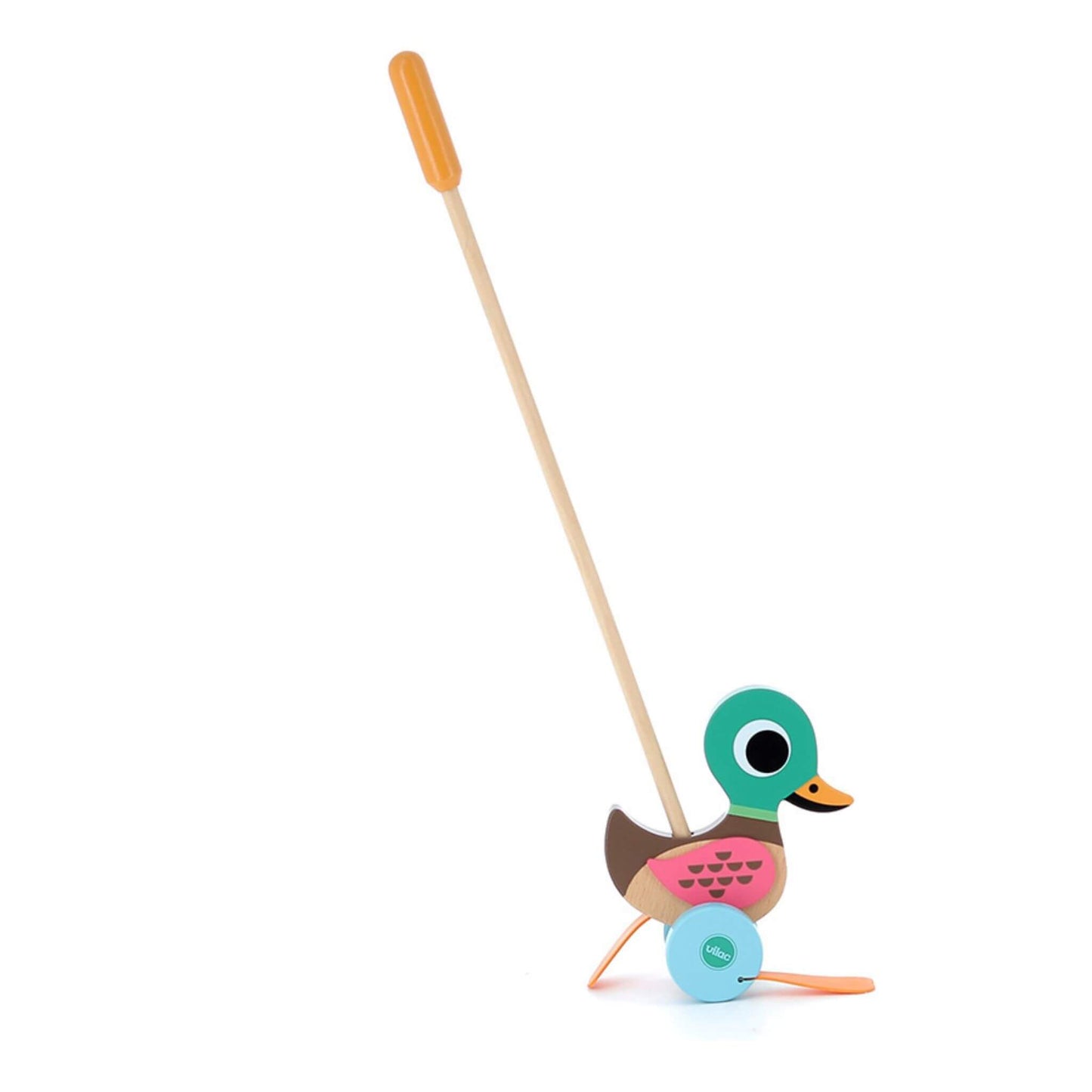 Side view of a wooden duck push toy on blue wheels, featuring a painted green head, orange beak, and pink patterned wings.
