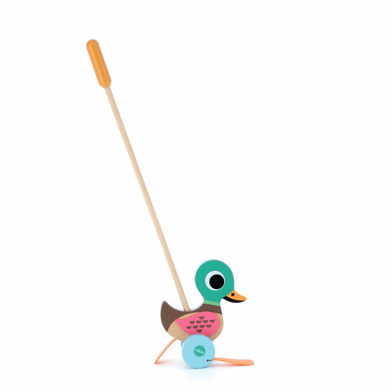 Animated gif of the Vilac Duck Push Toy with colourful wooden design, flappy orange feet, and a sturdy handle for toddler play.