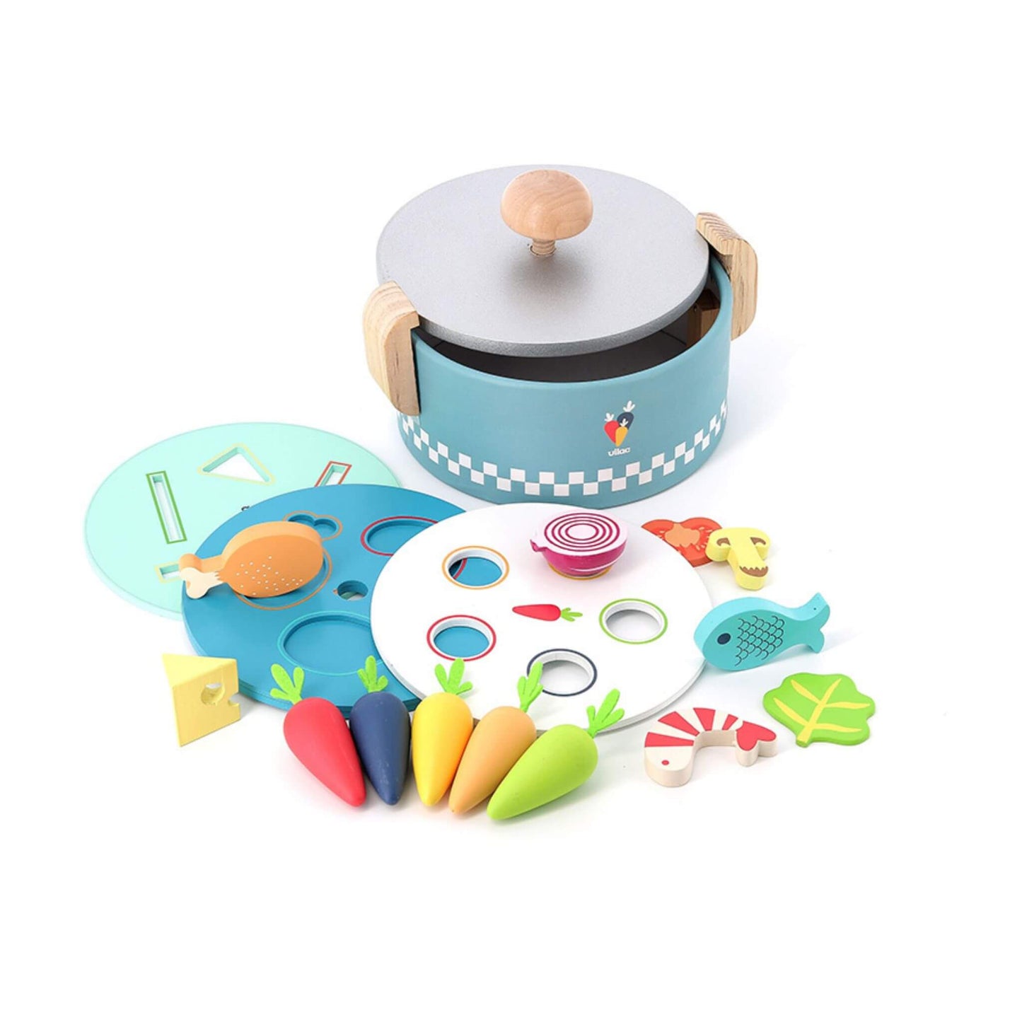 Vilac Early Learning Cooking Pot set featuring a wooden pot, lid, three interchangeable activity trays, and colourful wooden food pieces.