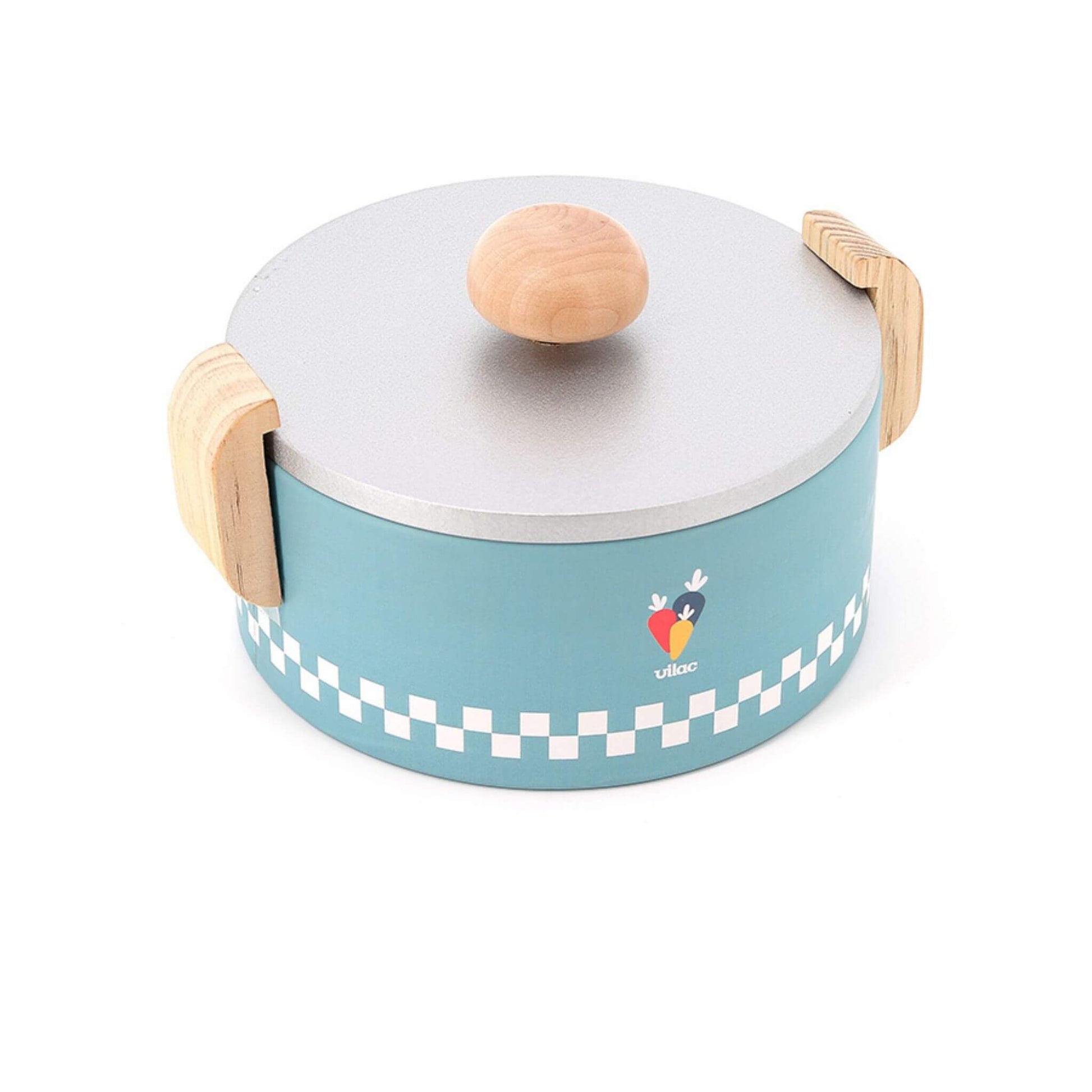 Wooden cooking Pot toy with a lid and side handles, designed to inspire imaginative play and learning.