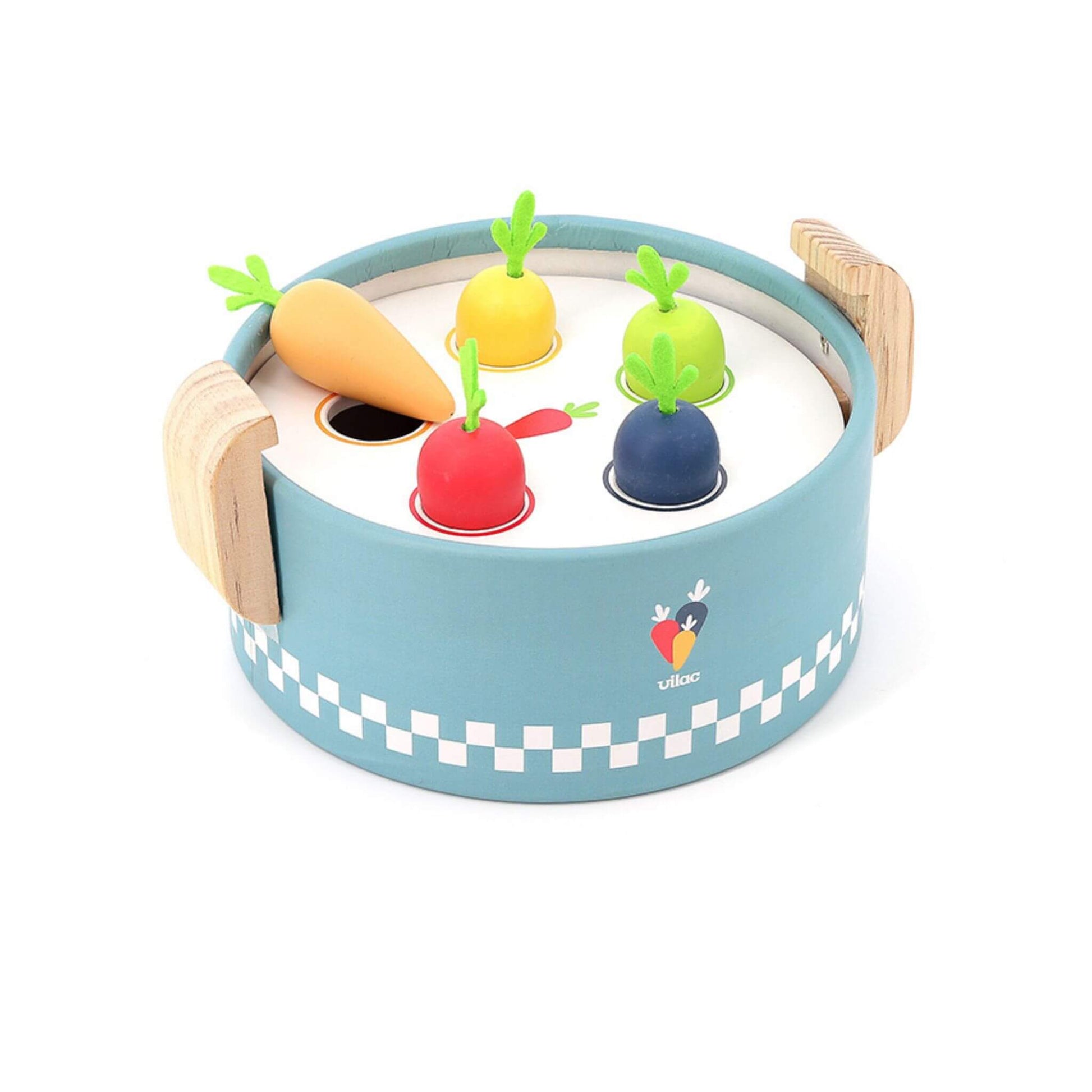 Toy Cooking Pot with colourful wooden vegetables inserted in the activity tray, featuring sturdy wooden handles.