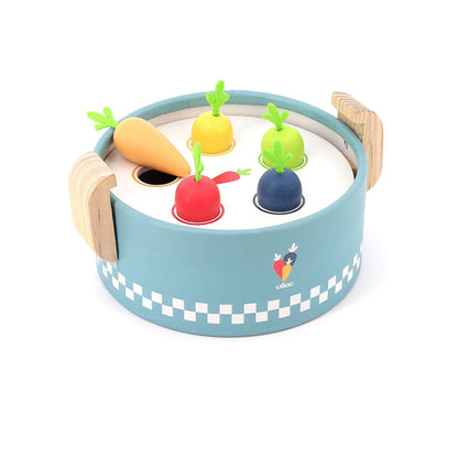 Toy Cooking Pot with colourful wooden vegetables inserted in the activity tray, featuring sturdy wooden handles.