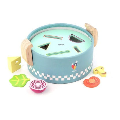 Early Learning Cooking Pot with a sorting tray and colourful wooden food pieces, including mushroom, tomato, and onion, ideal for developing fine motor skills and imaginative play.