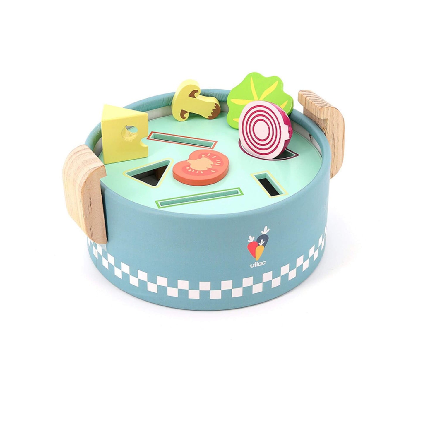 A toy cooking pot with wooden food pieces, colourful sorting tray, and sturdy handles, perfect for hands-on play and skill development.