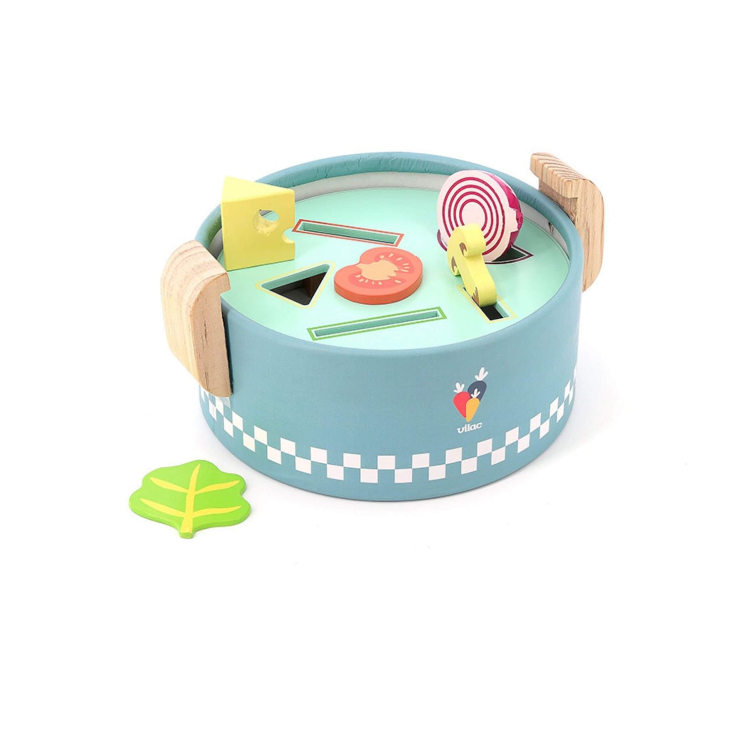 Kids Cooking Pot toy featuring wooden food pieces, sorting shapes, and a colourful design to inspire pretend play.