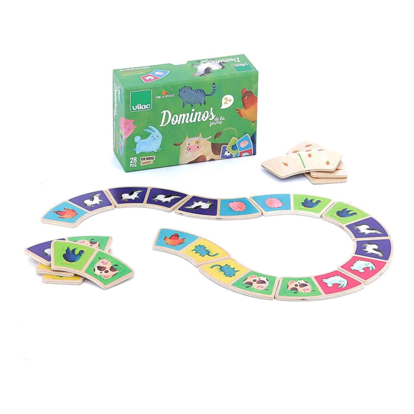 Colourful Vilac farm dominoes set featuring 28 wooden pieces with farm animals like cows, pigs, and chickens. Shown alongside its pacakaging.