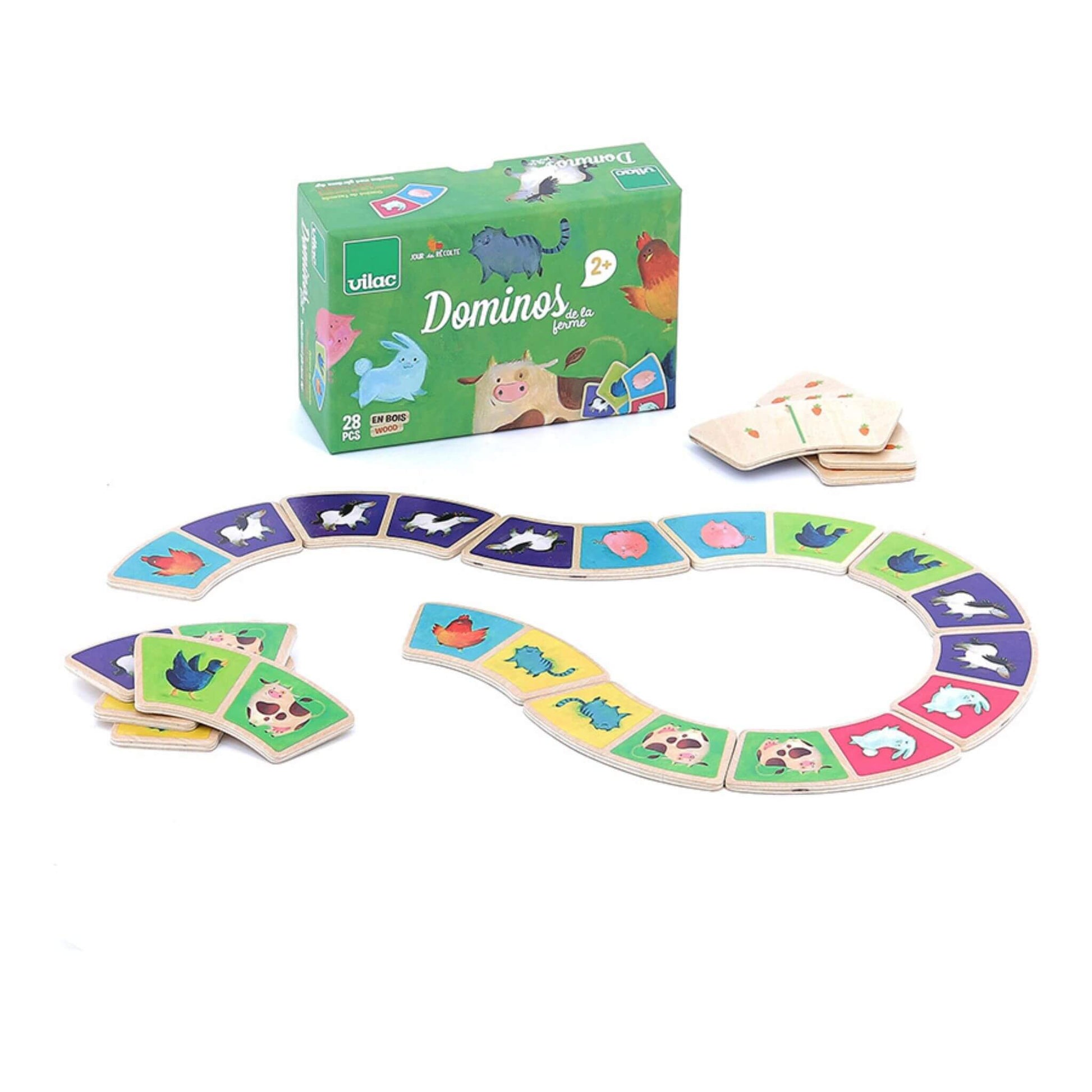 Colourful Vilac farm dominoes set featuring 28 wooden pieces with farm animals like cows, pigs, and chickens. Shown alongside its pacakaging.