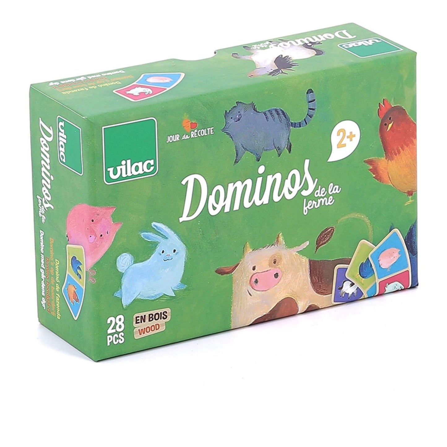 Vilac Farm Dominoes set in its packaging, featuring illustrations of farm animals like cows, chickens, and rabbits. The set contains 28 wooden pieces, designed for children aged 2 and up.