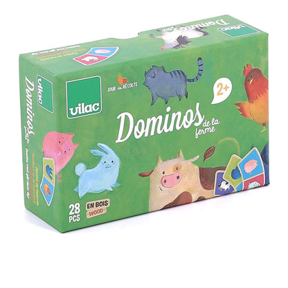 Vilac Farm Dominoes set in its packaging, featuring illustrations of farm animals like cows, chickens, and rabbits. The set contains 28 wooden pieces, designed for children aged 2 and up.