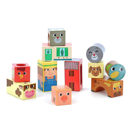 Vilac Farm Musical Blocks set featuring colourful illustrated wooden cubes with farm animals, farmer, buildings and playful sound elements.