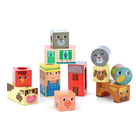 Vilac Farm Musical Blocks set featuring colourful illustrated wooden cubes with farm animals, farmer, buildings and playful sound elements.