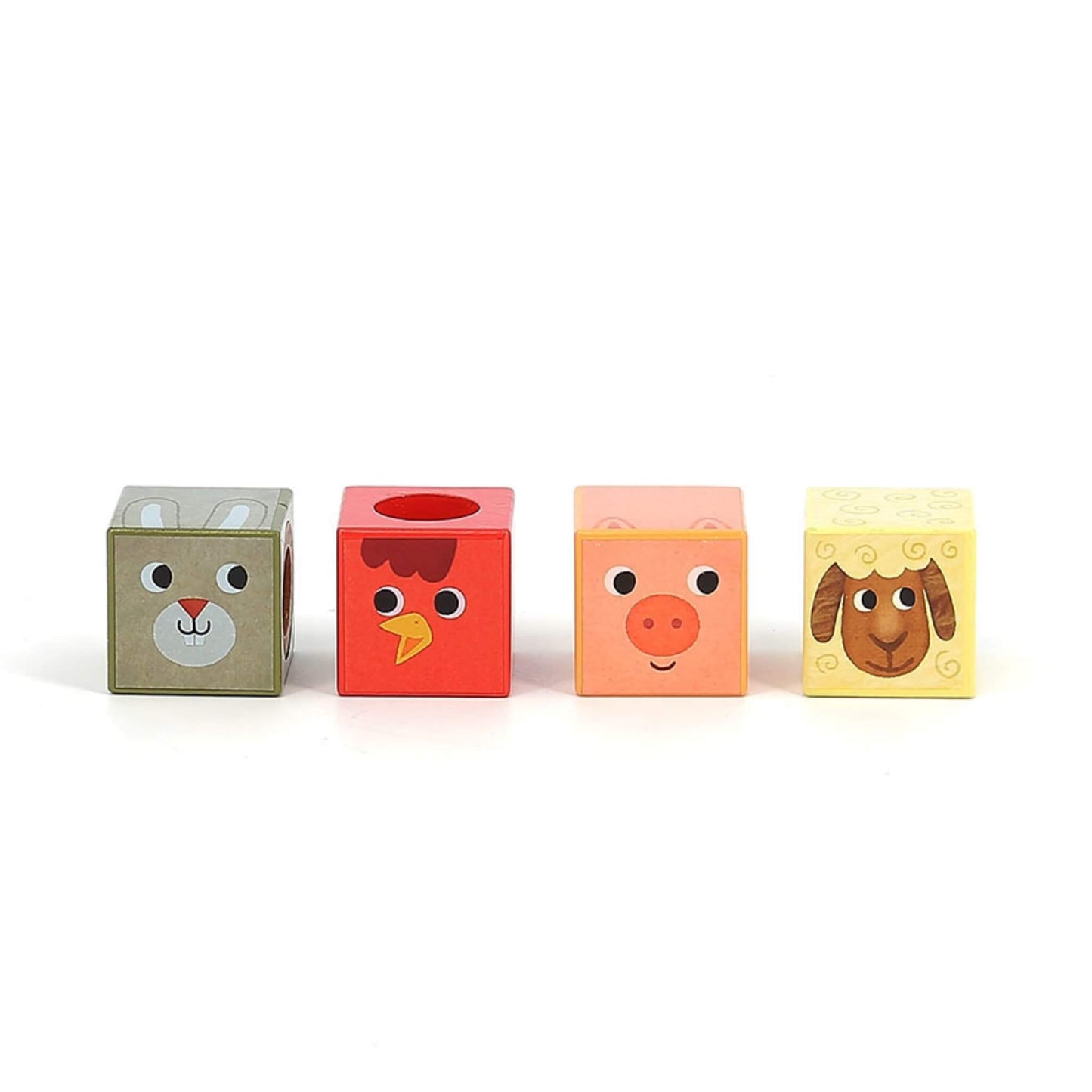 Four square wooden blocks lined up showing animal faces: a grey rabbit, red chicken, pink pig, and yellow sheep.