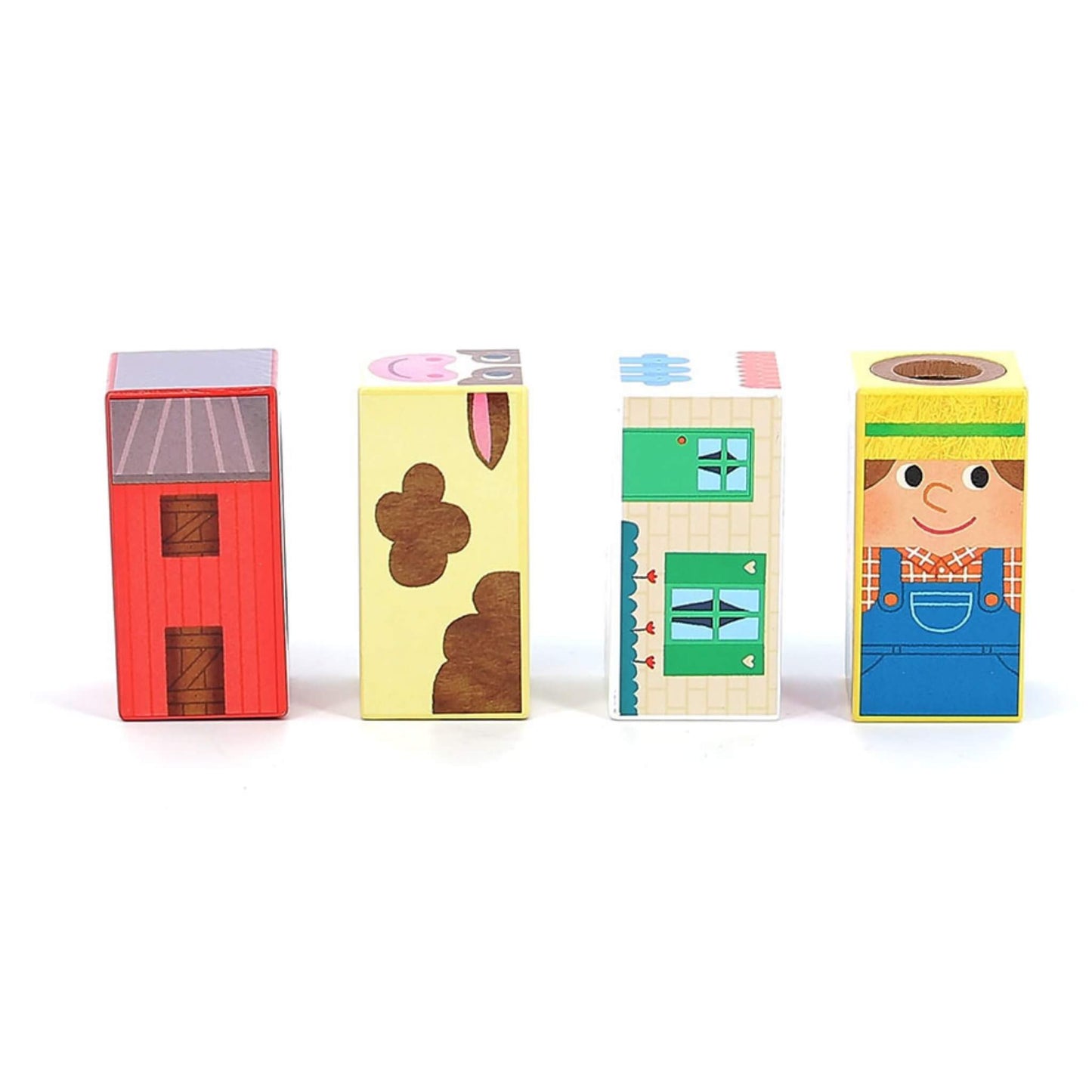 Four rectangular wooden blocks standing upright, illustrated as a red barn, a cow body, a farmhouse with windows, and a smiling farmer.