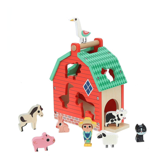 Vilac Farm Shape Sorter wooden toy barn with carry handle, featuring colourful animal shape pieces including cow, pig, horse and farmer figure on a clean background.
