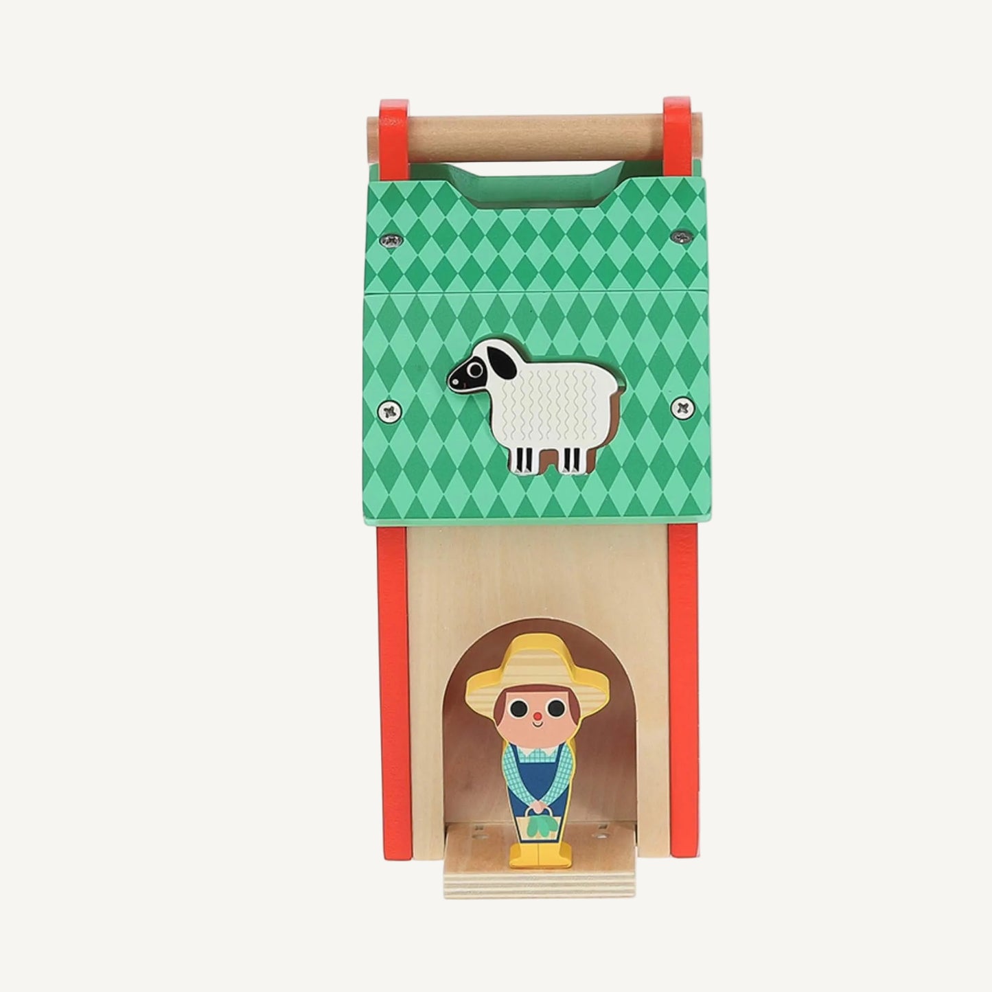 A wooden farm shape sorter barn viewed from front with green roof panel, sheep shape slot and farmer figure placed inside doorway.