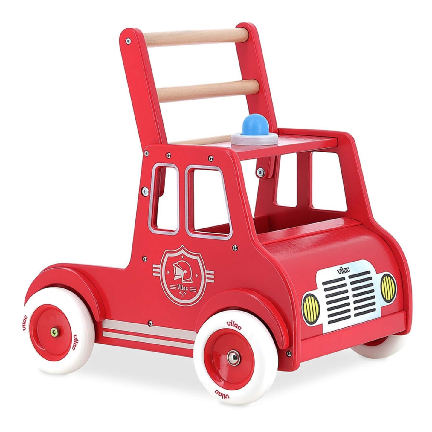 Vilac Fire Engine Walker wooden baby walker in red with sturdy frame, push handle, storage compartment and four wheels for toddler first steps.