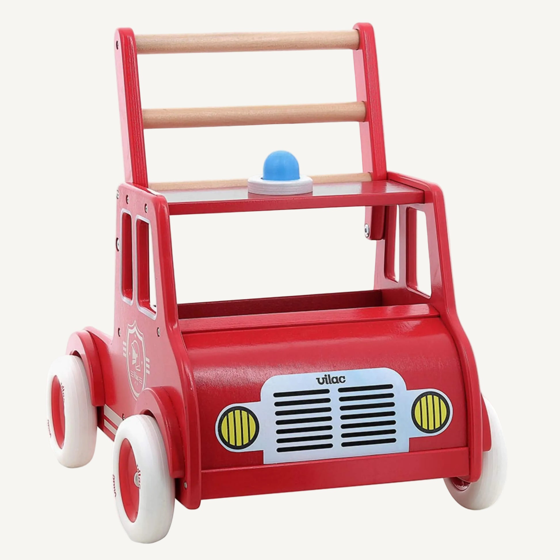 A front view of a red wooden baby walker with fire engine design, featuring steering detail, handle bars and wide wheel spacing.