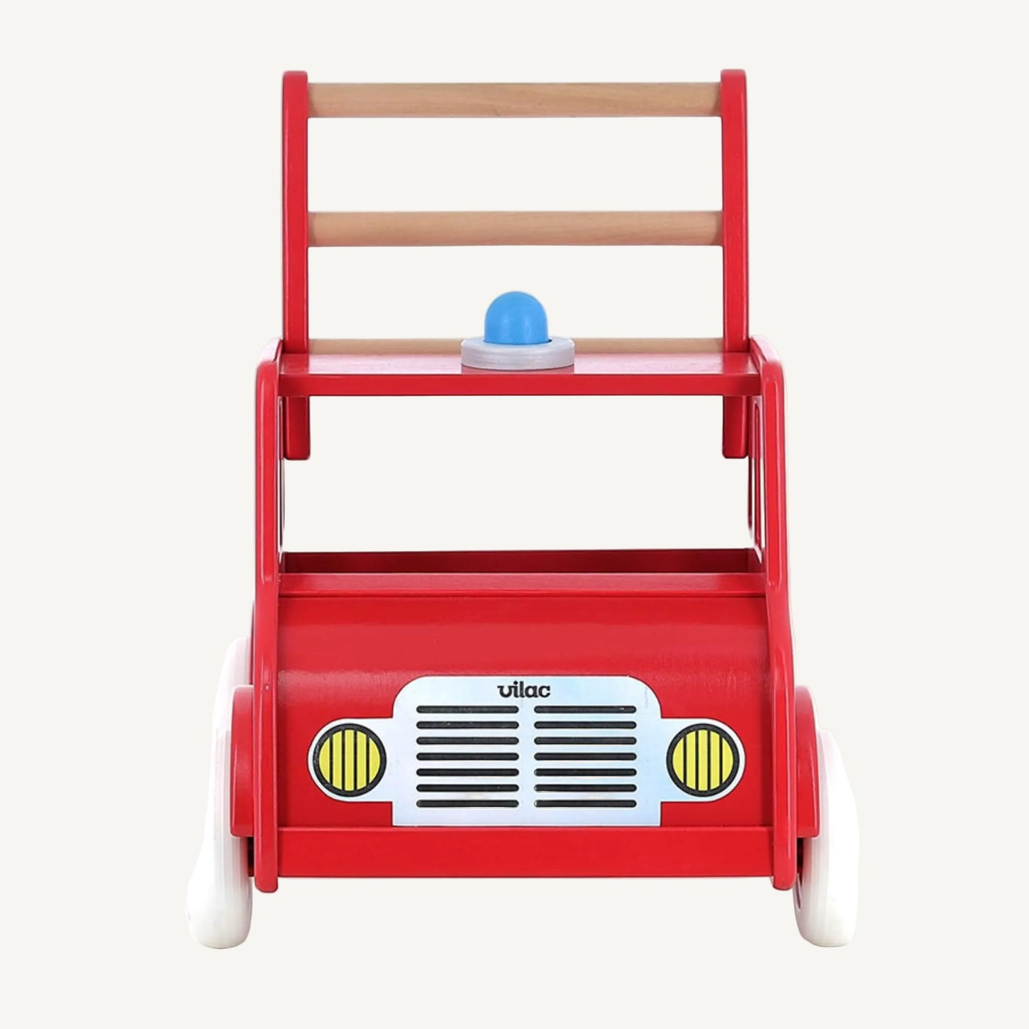 A wooden baby walker shaped like a fire engine viewed from rear angle with push handle, seat platform and smooth rolling wheels.