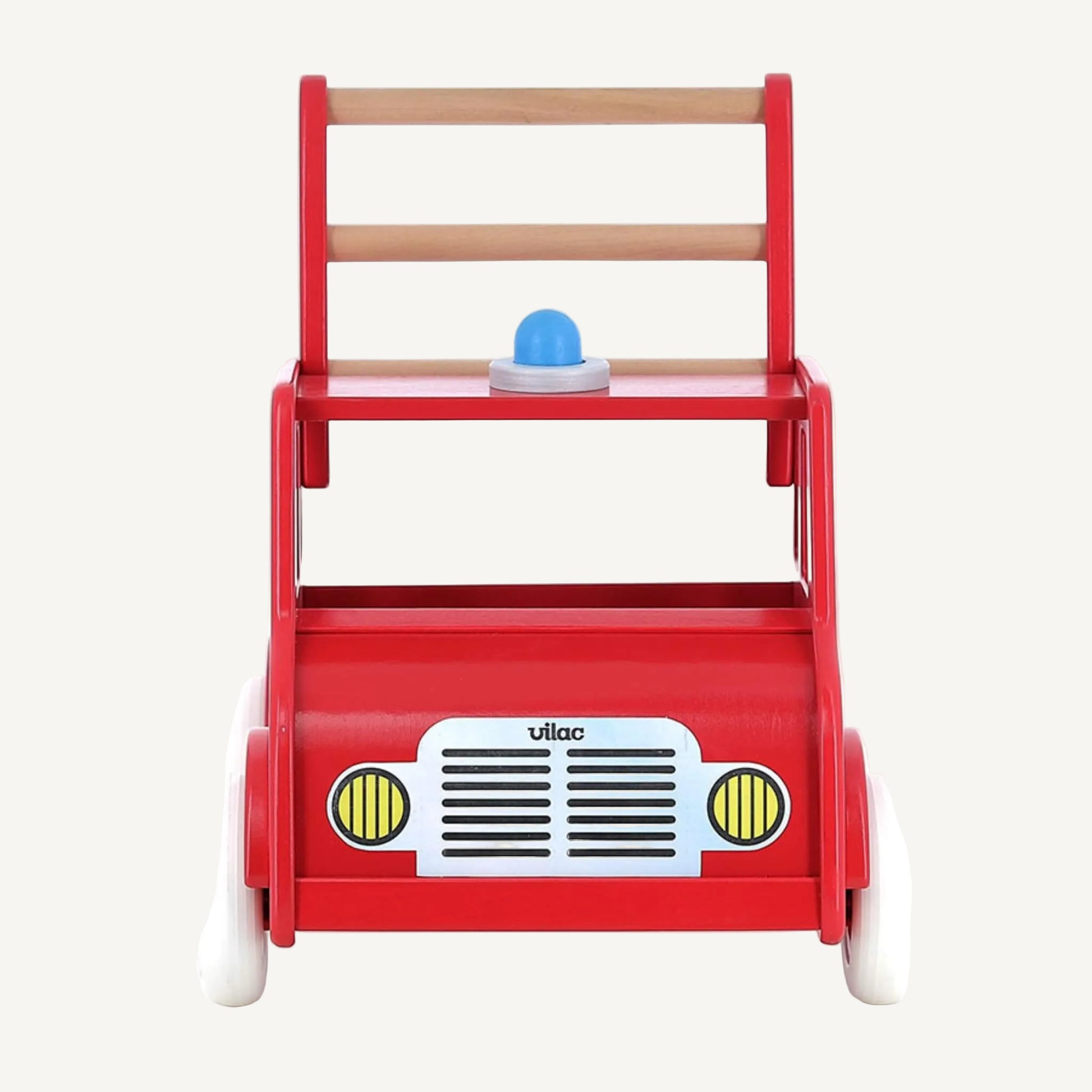 A wooden baby walker shaped like a fire engine viewed from rear angle with push handle, seat platform and smooth rolling wheels.