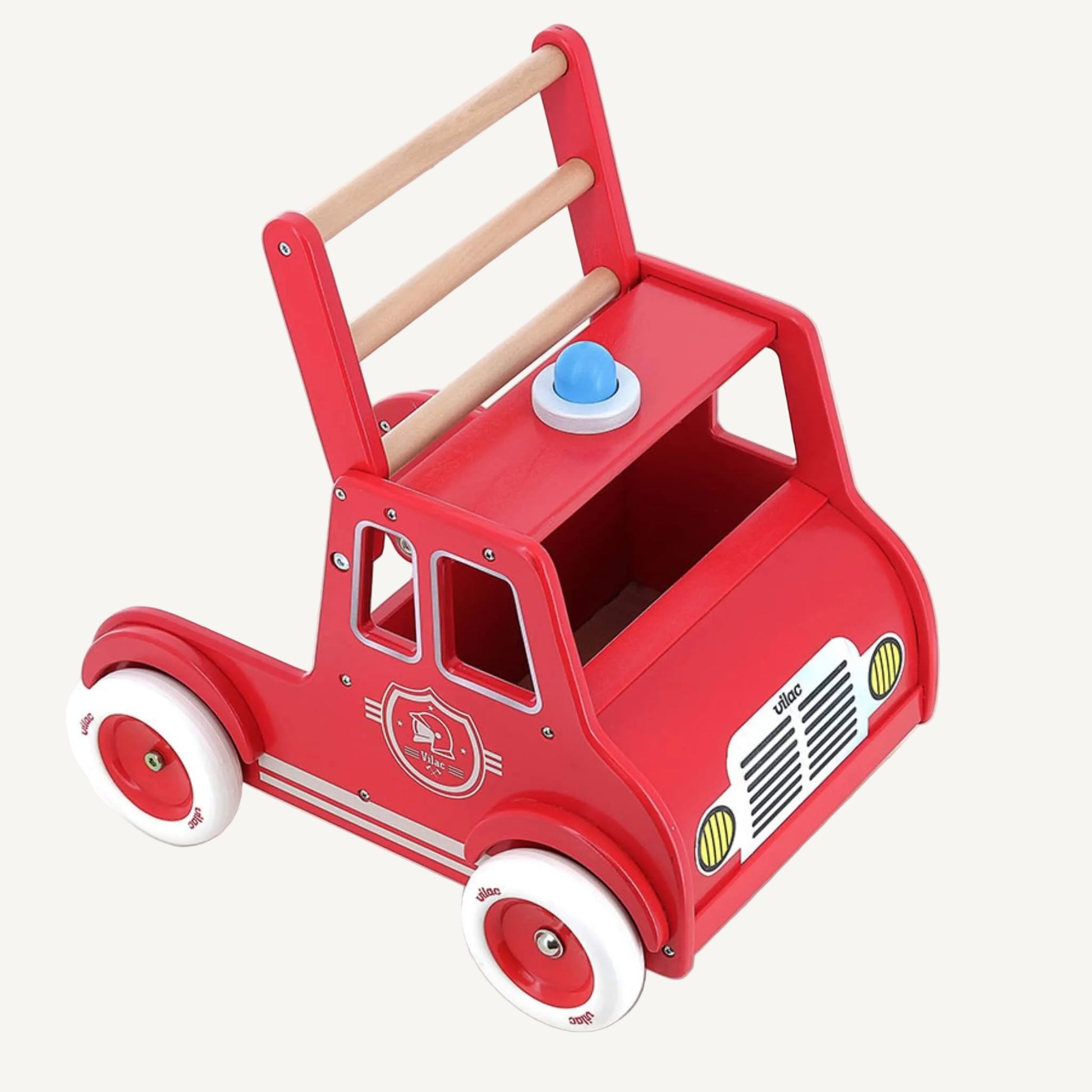 A wooden push walker toy angled from above showing open seat area, handle grip bars and blue play element on top panel.