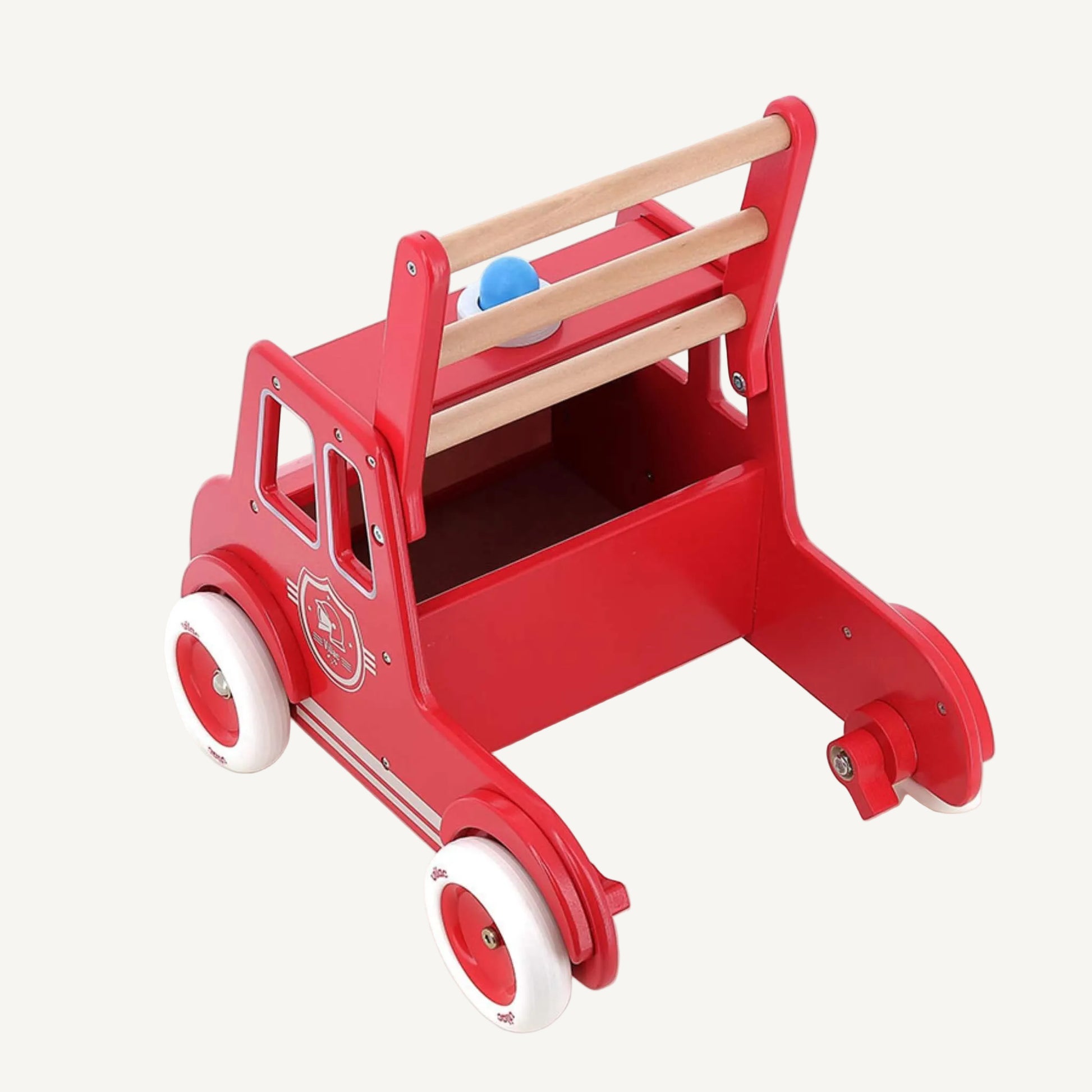 A rear view of a wooden toddler walker with open storage section, sturdy frame and smooth wheels designed for balance support.