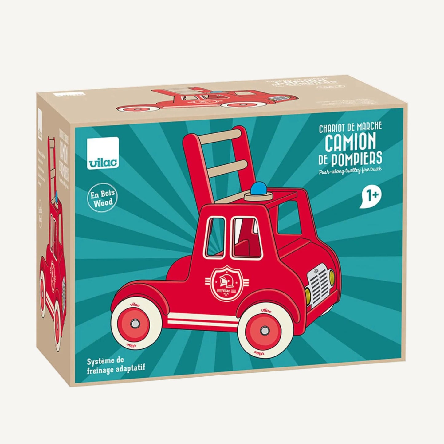 A boxed wooden fire engine baby walker displayed with product illustration and packaging details including age suitability and features.