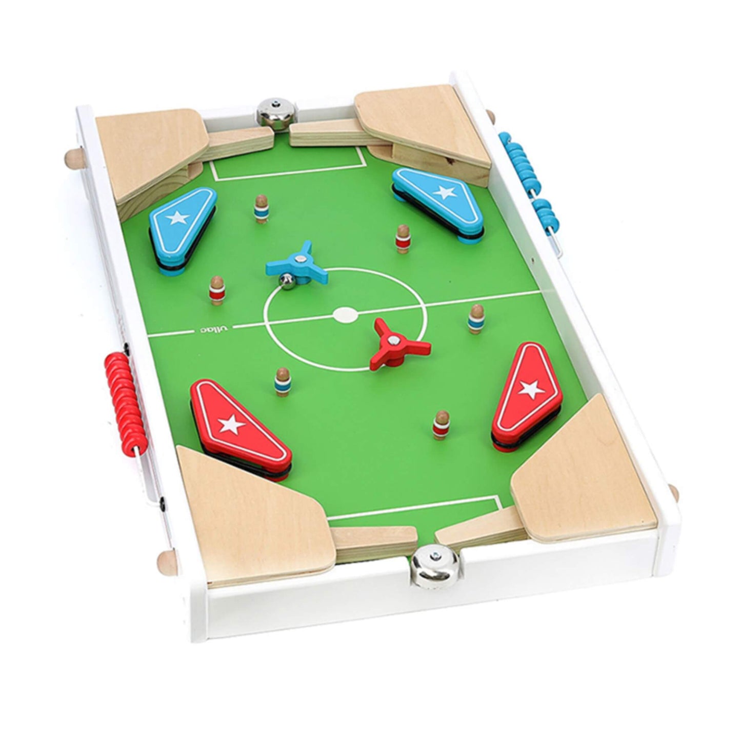 Vilac Football Stadium Wooden Pinball Game combining football and pinball action, with flippers, bumpers and score counters for competitive play.
