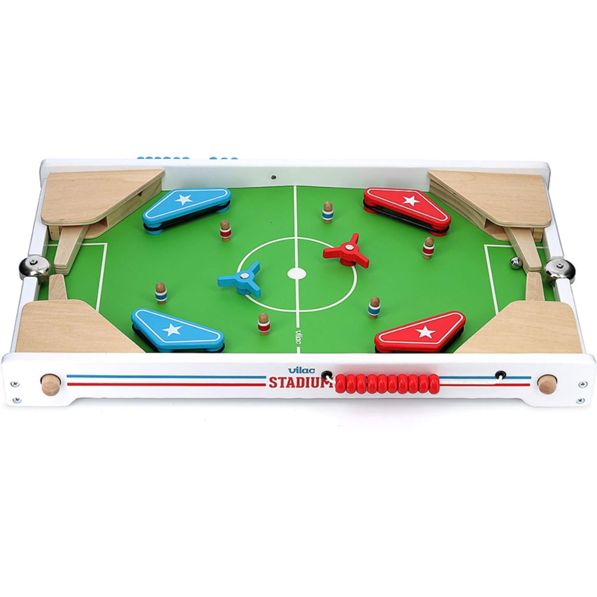 Wooden football-themed pinball game on green playfield, with red and blue flippers, bumpers and spinning targets.