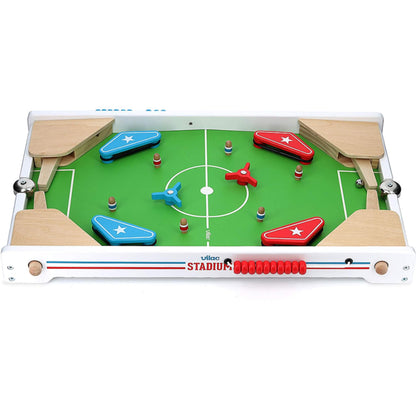 Wooden football-themed pinball game on green playfield, with red and blue flippers, bumpers and spinning targets.