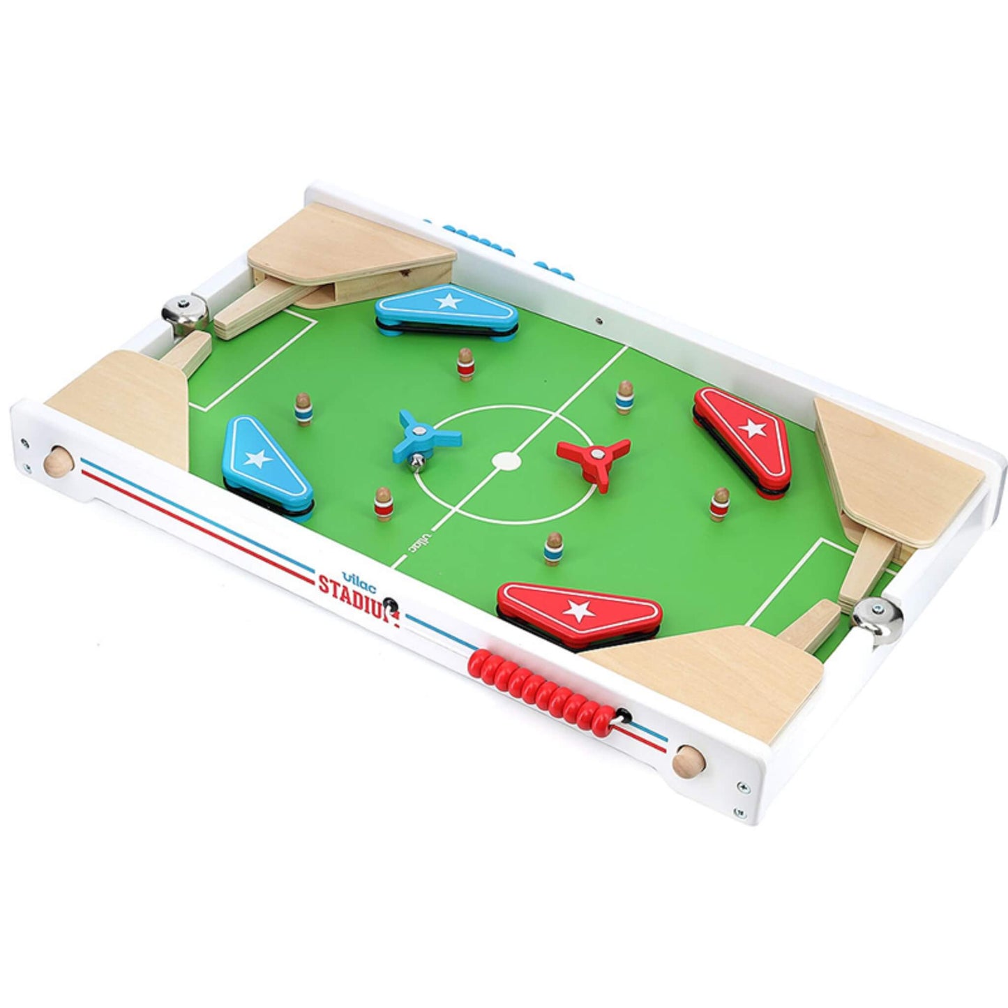 Angled view of tabletop football pinball game showing launchers, flippers and centre spinners.