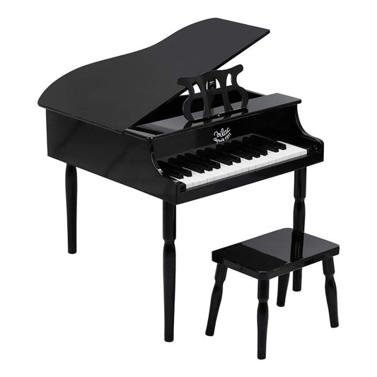 Vilac Black Wooden Grand Toy Piano with matching stool, a miniature grand piano for children aged 3 years and up featuring black and white keys and a music stand.
