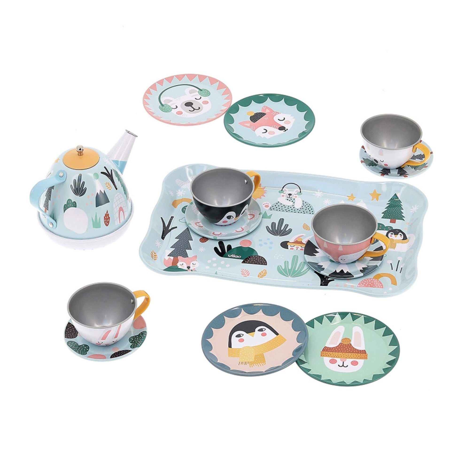 Vilac Iceland Musical Tin Tea Set with teapot, tray, cups, saucers and plates decorated with Michelle Carlslund’s Arctic animal illustrations.