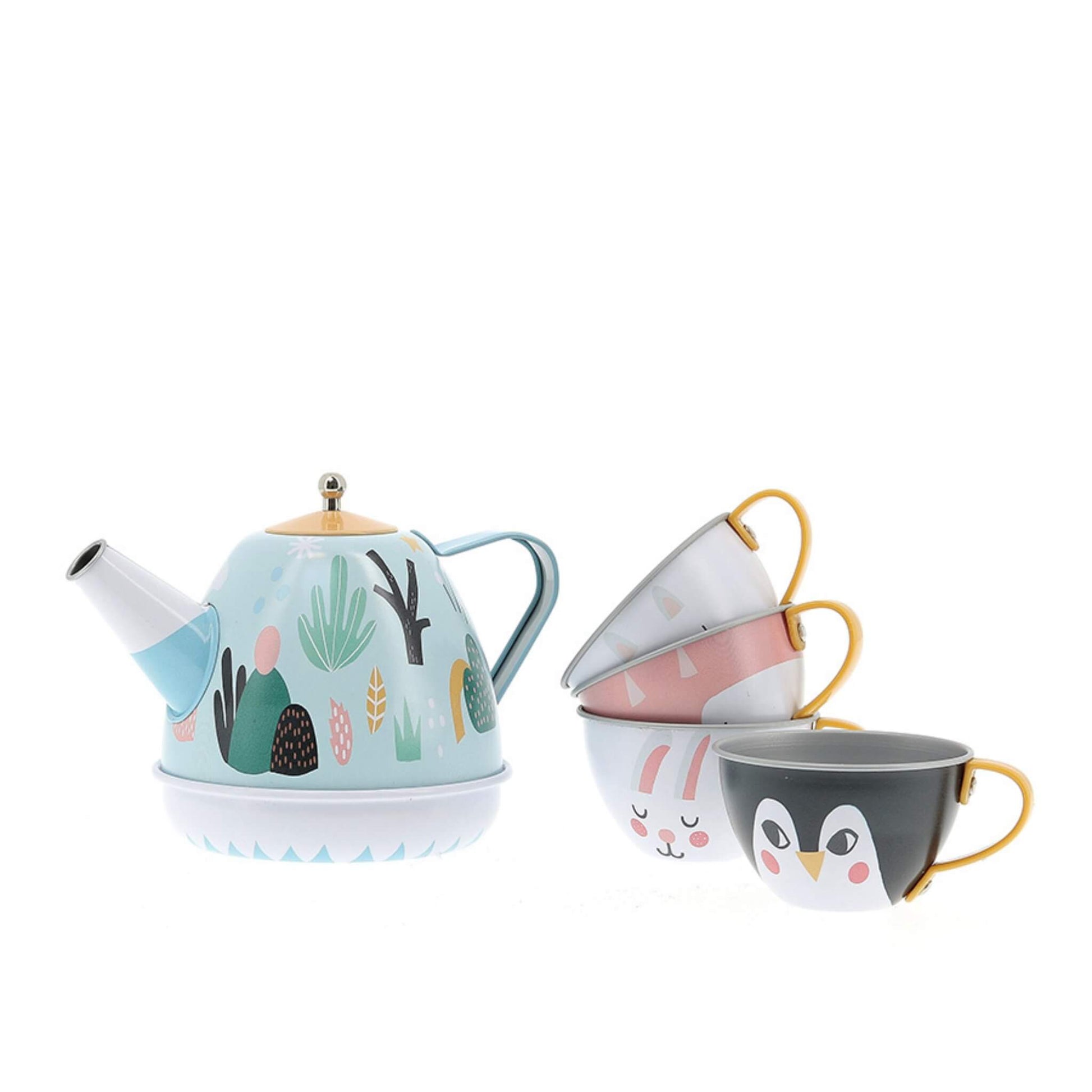 A tin toy teapot with a winter forest design beside three stacked teacups, each decorated with animal faces including a rabbit and a penguin.