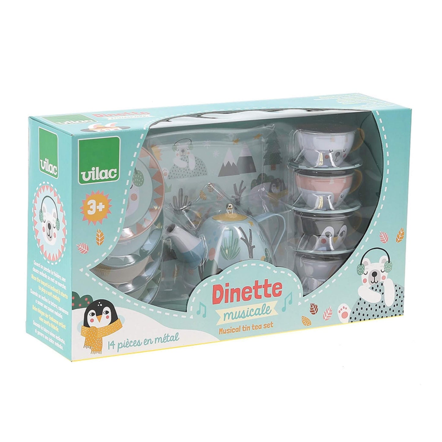 A boxed children’s tin tea set showing the teapot, cups, saucers and plates in packaging labelled Dinette Musicale.