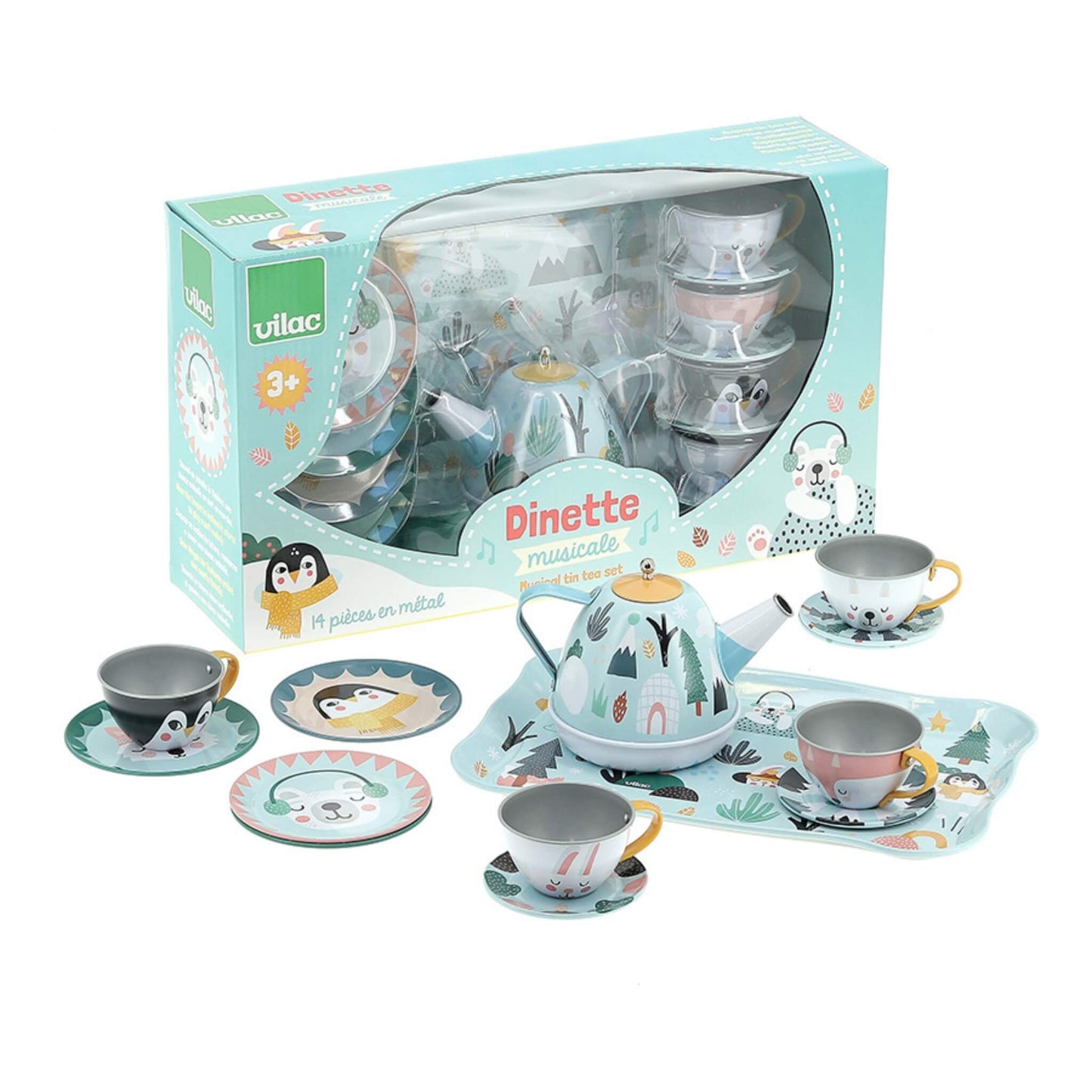 A tin tea set displayed outside of its box, including a decorated tray, four cups with saucers, a teapot and matching illustrated plates.