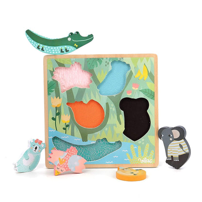 Touch and Feel Puzzle with a wooden board, colourful animal pieces, and textured slots for sensory exploration and play.