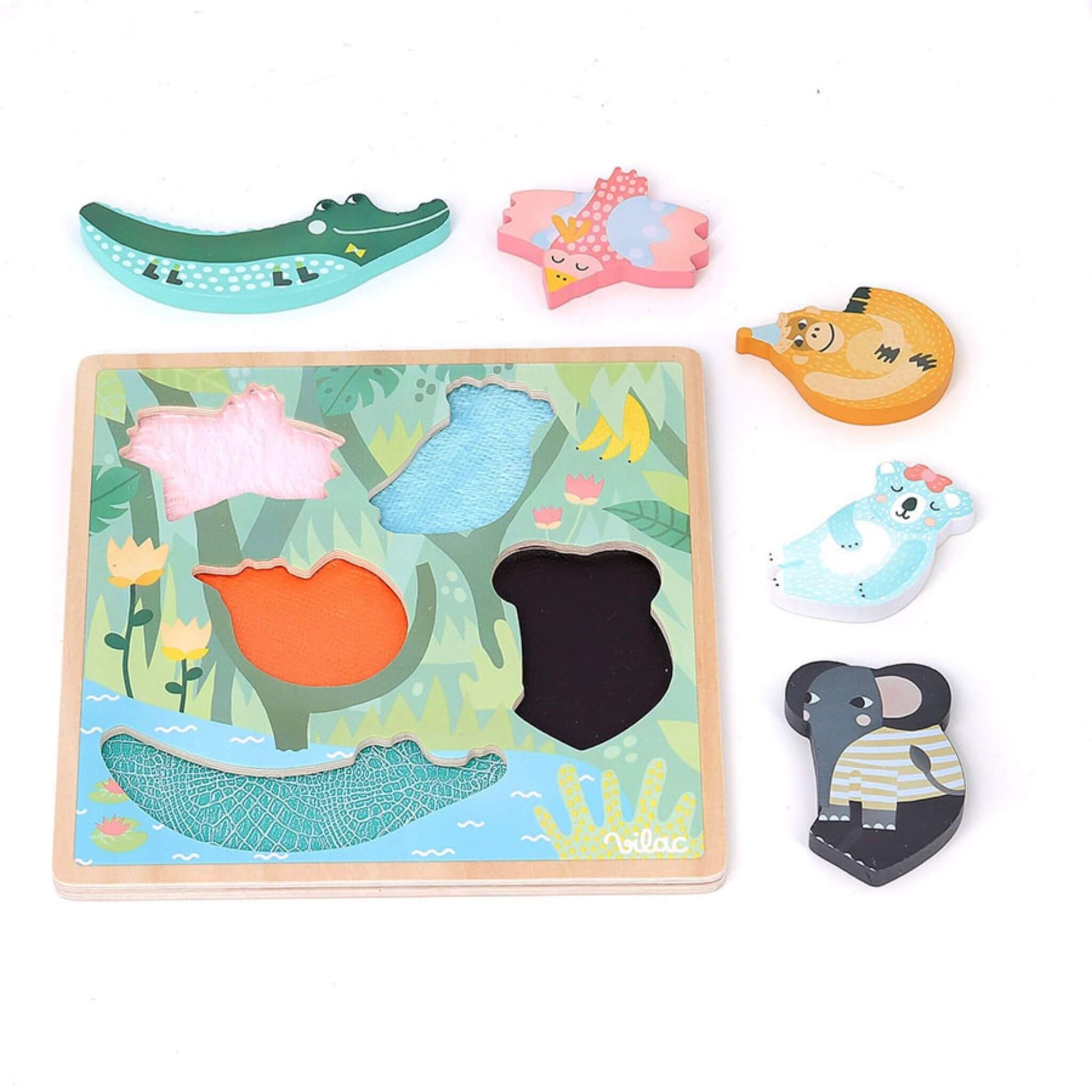 Touch and Feel Puzzle featuring a wooden board with animal-shaped slots and textured inserts alongside removable pieces.